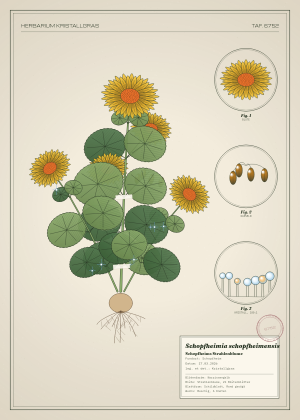 Botanische Tafel: Schopfheimia schopfheimensis, eine erfundene Pflanze aus Schopfheim, gezeichnet wie in einem alten Pflanzenatlas