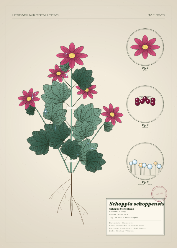 Botanische Tafel: Schoppia schoppensis, eine erfundene Pflanze aus Schopp, gezeichnet wie in einem alten Pflanzenatlas