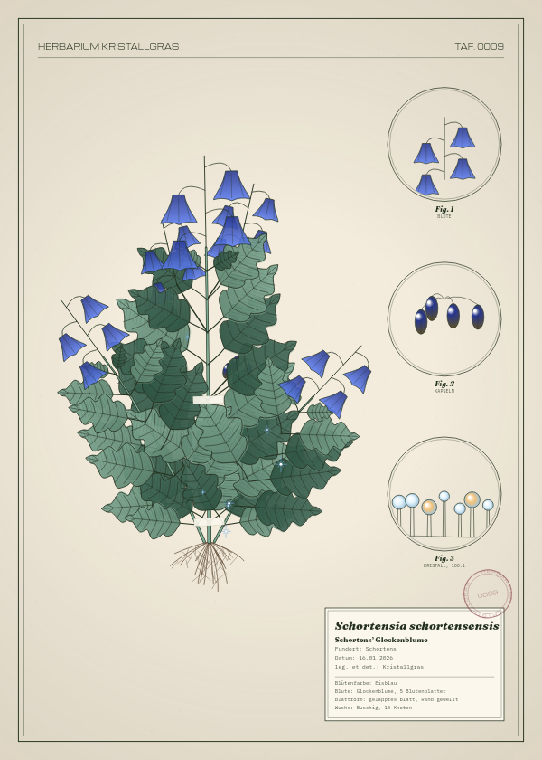Botanische Tafel: Schortensia schortensensis, eine erfundene Pflanze aus Schortens, gezeichnet wie in einem alten Pflanzenatlas