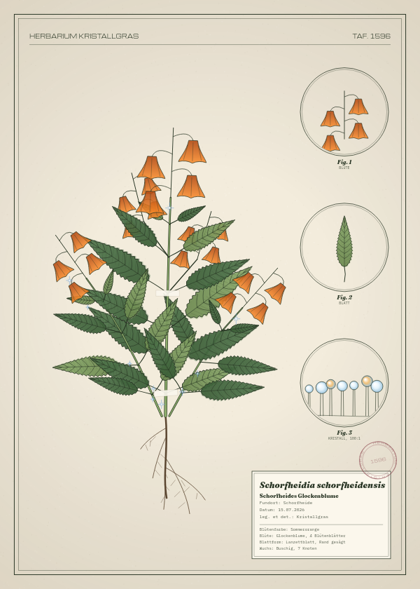 Botanische Tafel: Schorfheidia schorfheidensis, eine erfundene Pflanze aus Schorfheide, gezeichnet wie in einem alten Pflanzenatlas