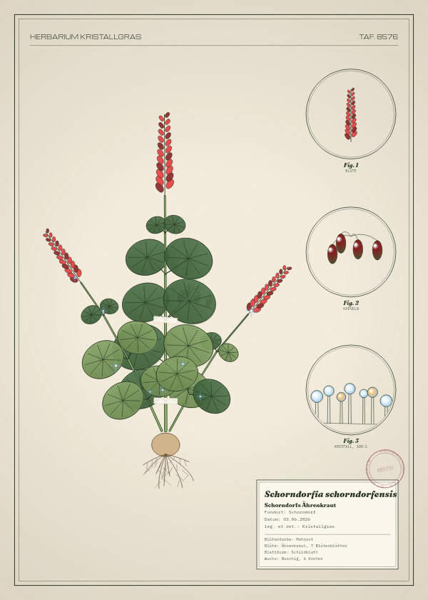 Botanische Tafel: Schorndorfia schorndorfensis, eine erfundene Pflanze aus Schorndorf, gezeichnet wie in einem alten Pflanzenatlas