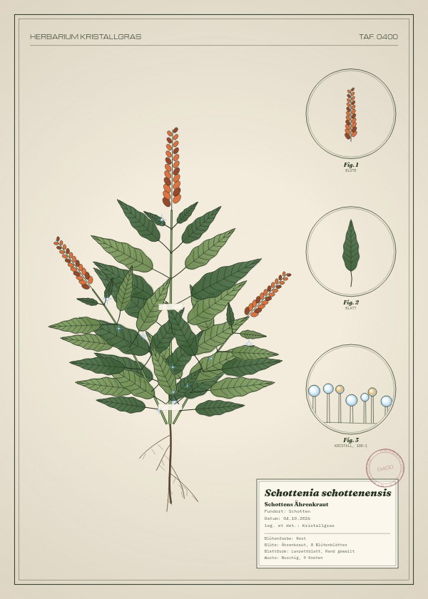 Botanische Tafel: Schottenia schottenensis, eine erfundene Pflanze aus Schotten, gezeichnet wie in einem alten Pflanzenatlas