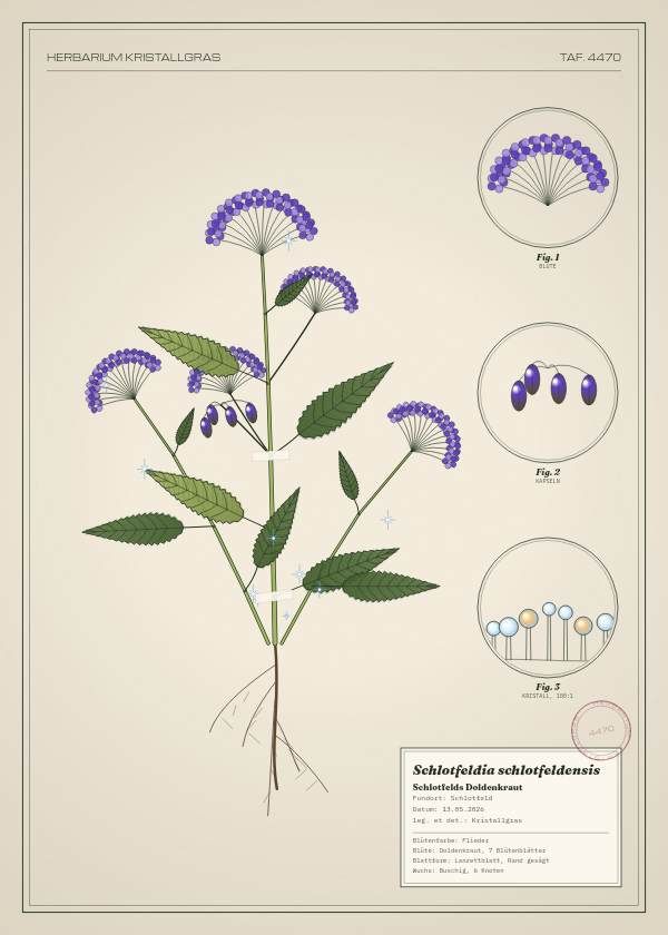 Botanische Tafel: Schlotfeldia schlotfeldensis, eine erfundene Pflanze aus Schlotfeld, gezeichnet wie in einem alten Pflanzenatlas