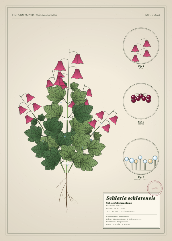 Botanische Tafel: Schlatia schlatensis, eine erfundene Pflanze aus Schlat, gezeichnet wie in einem alten Pflanzenatlas
