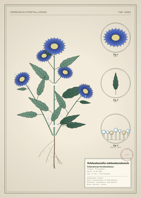 Botanische Tafel: Schlaubetalia schlaubetalensis, eine erfundene Pflanze aus Schlaubetal, gezeichnet wie in einem alten Pflanzenatlas