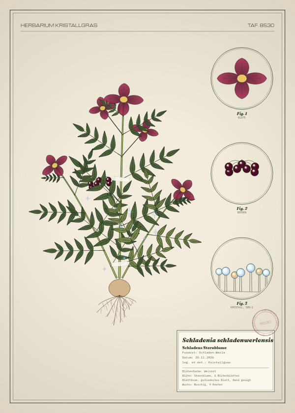 Botanische Tafel: Schladenia schladenwerlensis, eine erfundene Pflanze aus Schladen-Werla, gezeichnet wie in einem alten Pflanzenatlas