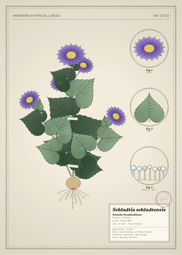 Botanische Tafel: Schladtia schladtensis, eine erfundene Pflanze aus Schladt, gezeichnet wie in einem alten Pflanzenatlas
