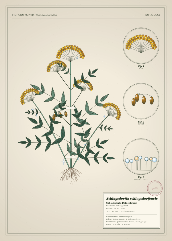 Botanische Tafel: Schlagsdorfia schlagsdorfensis, eine erfundene Pflanze aus Schlagsdorf, gezeichnet wie in einem alten Pflanzenatlas
