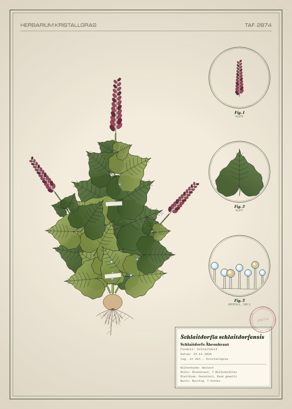 Botanische Tafel: Schlaitdorfia schlaitdorfensis, eine erfundene Pflanze aus Schlaitdorf, gezeichnet wie in einem alten Pflanzenatlas