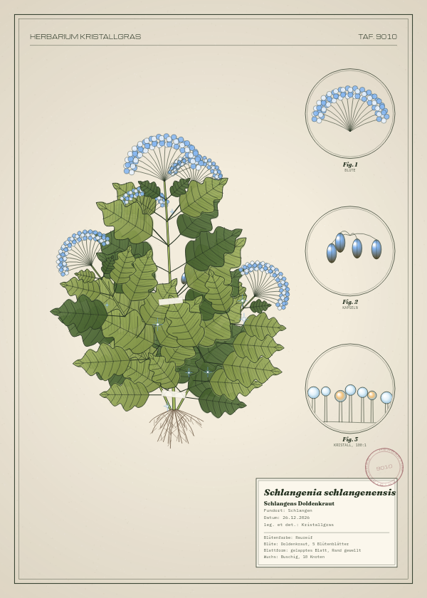 Botanische Tafel: Schlangenia schlangenensis, eine erfundene Pflanze aus Schlangen, gezeichnet wie in einem alten Pflanzenatlas