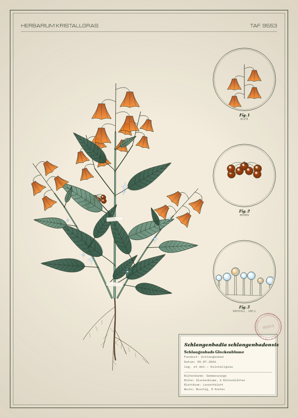 Botanische Tafel: Schlangenbadia schlangenbadensis, eine erfundene Pflanze aus Schlangenbad, gezeichnet wie in einem alten Pflanzenatlas