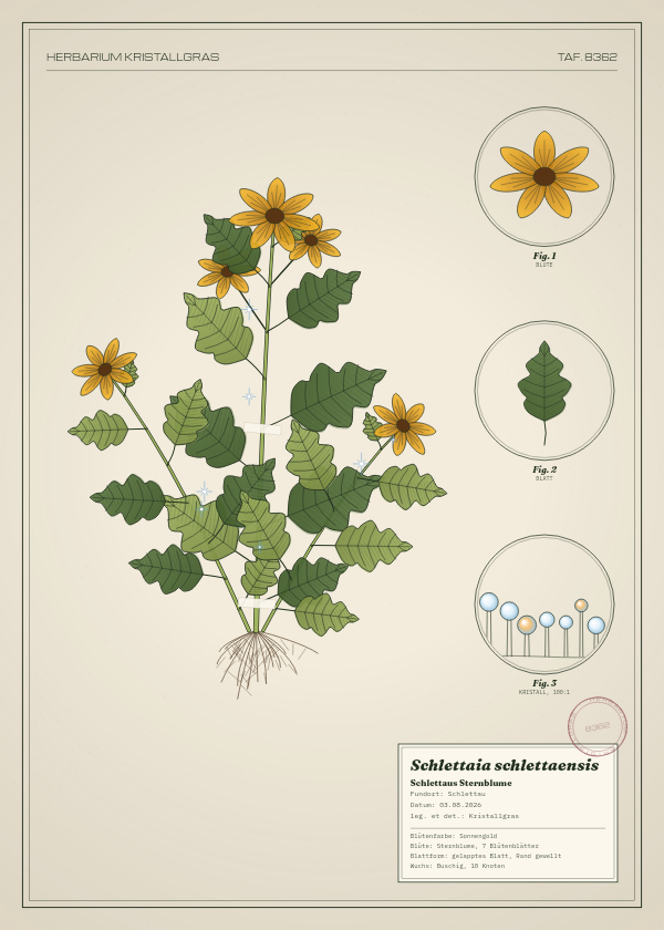 Botanische Tafel: Schlettaia schlettaensis, eine erfundene Pflanze aus Schlettau, gezeichnet wie in einem alten Pflanzenatlas