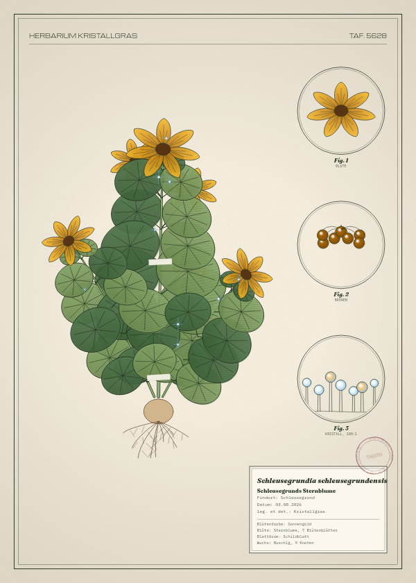 Botanische Tafel: Schleusegrundia schleusegrundensis, eine erfundene Pflanze aus Schleusegrund, gezeichnet wie in einem alten Pflanzenatlas