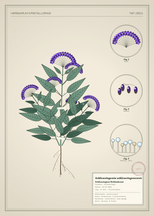 Botanische Tafel: Schleusingenia schleusingenensis, eine erfundene Pflanze aus Schleusingen, gezeichnet wie in einem alten Pflanzenatlas