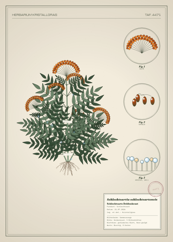 Botanische Tafel: Schlechtsartia schlechtsartensis, eine erfundene Pflanze aus Schlechtsart, gezeichnet wie in einem alten Pflanzenatlas