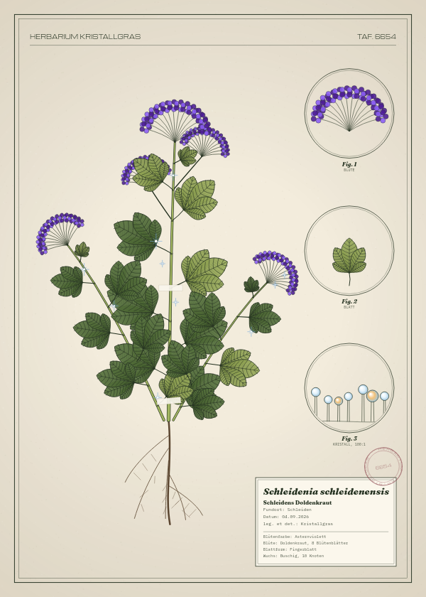 Botanische Tafel: Schleidenia schleidenensis, eine erfundene Pflanze aus Schleiden, gezeichnet wie in einem alten Pflanzenatlas