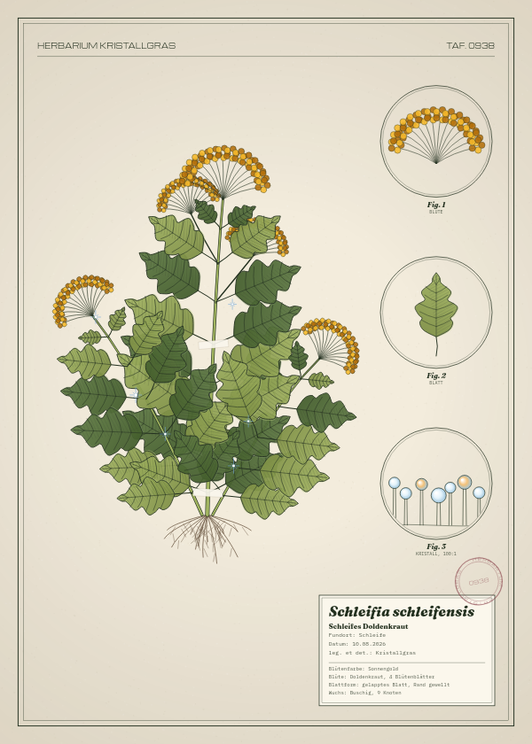 Botanische Tafel: Schleifia schleifensis, eine erfundene Pflanze aus Schleife, gezeichnet wie in einem alten Pflanzenatlas