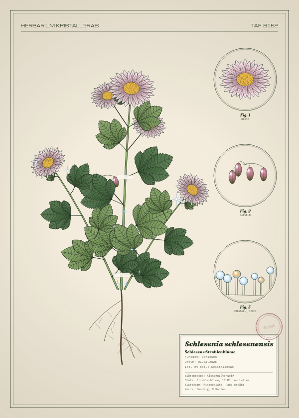 Botanische Tafel: Schlesenia schlesenensis, eine erfundene Pflanze aus Schlesen, gezeichnet wie in einem alten Pflanzenatlas
