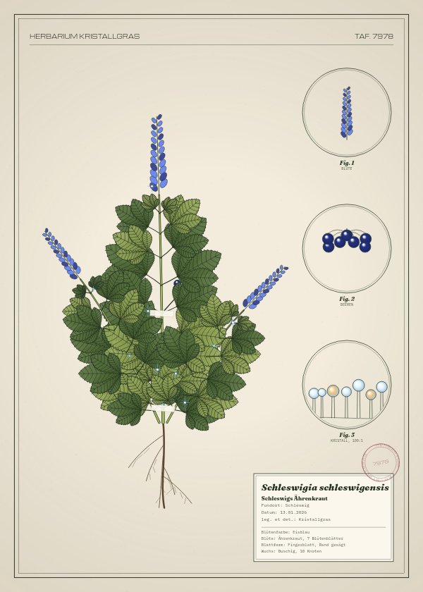 Botanische Tafel: Schleswigia schleswigensis, eine erfundene Pflanze aus Schleswig, gezeichnet wie in einem alten Pflanzenatlas