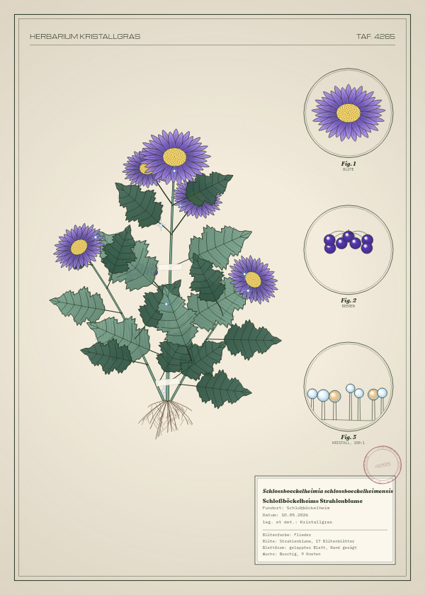 Botanische Tafel: Schlossboeckelheimia schlossboeckelheimensis, eine erfundene Pflanze aus Schloßböckelheim, gezeichnet wie in einem alten Pflanzenatlas