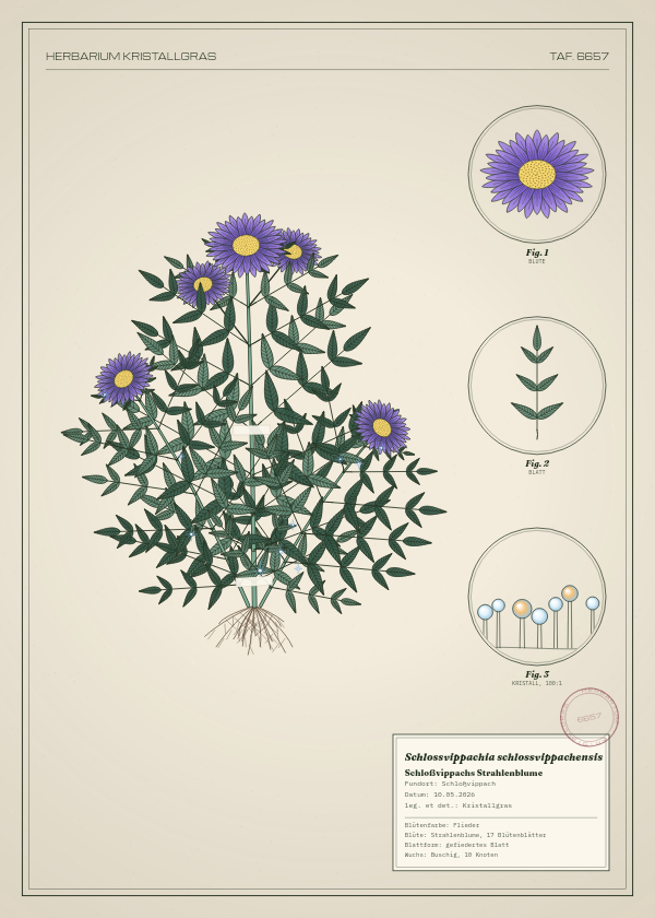 Botanische Tafel: Schlossvippachia schlossvippachensis, eine erfundene Pflanze aus Schloßvippach, gezeichnet wie in einem alten Pflanzenatlas