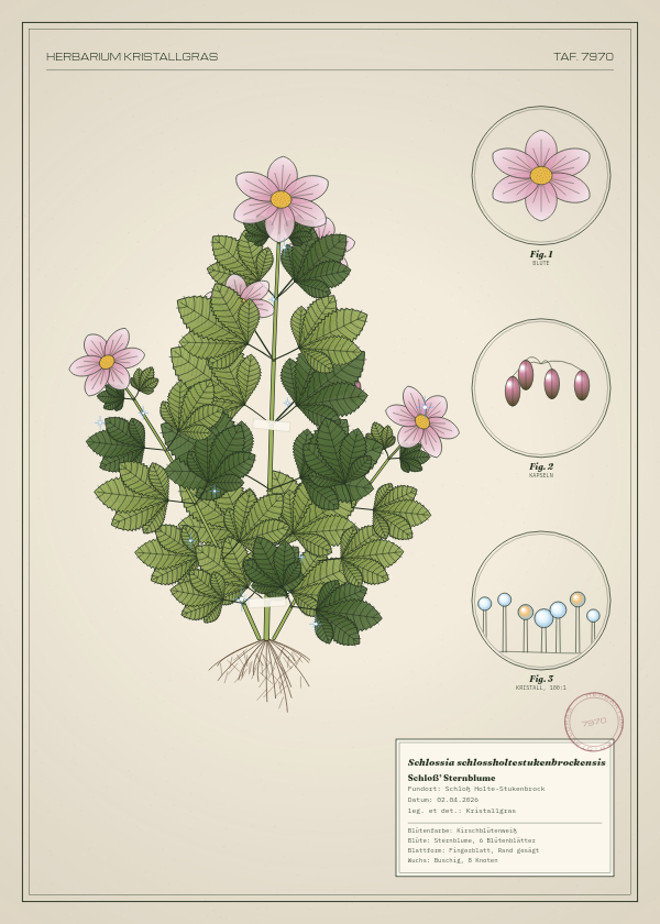 Botanische Tafel: Schlossia schlossholtestukenbrockensis, eine erfundene Pflanze aus Schloß Holte-Stukenbrock, gezeichnet wie in einem alten Pflanzenatlas