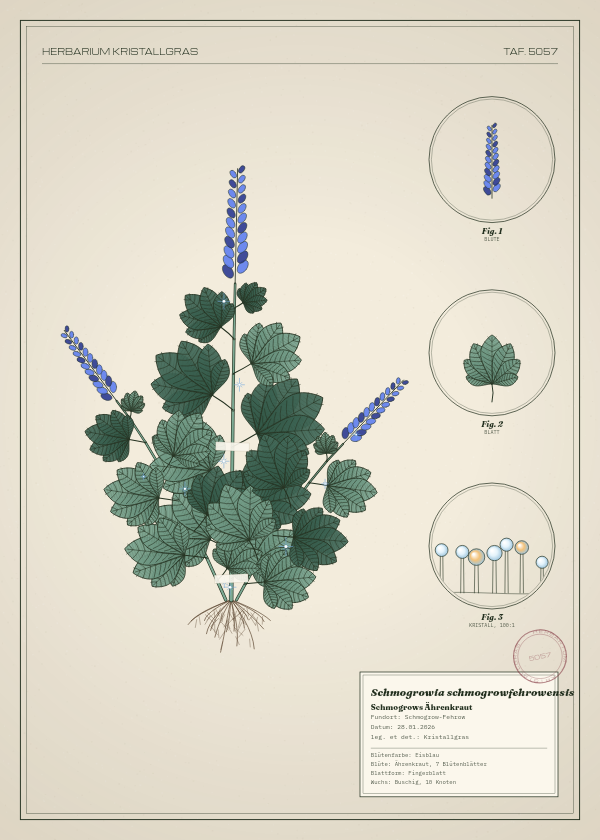 Botanische Tafel: Schmogrowia schmogrowfehrowensis, eine erfundene Pflanze aus Schmogrow-Fehrow, gezeichnet wie in einem alten Pflanzenatlas