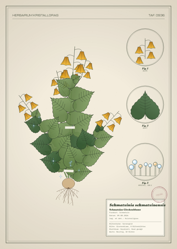 Botanische Tafel: Schmatzinia schmatzinensis, eine erfundene Pflanze aus Schmatzin, gezeichnet wie in einem alten Pflanzenatlas