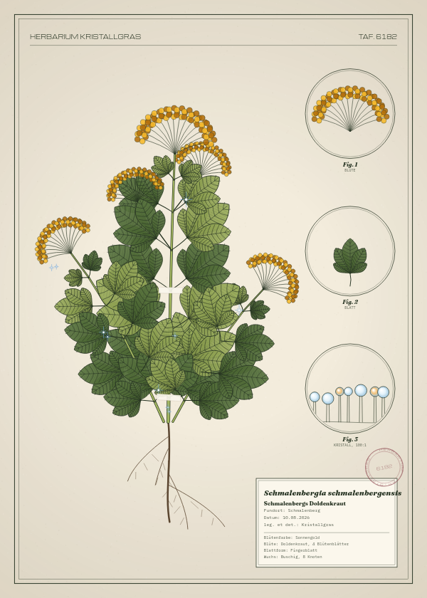 Botanische Tafel: Schmalenbergia schmalenbergensis, eine erfundene Pflanze aus Schmalenberg, gezeichnet wie in einem alten Pflanzenatlas