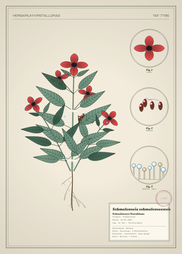 Botanische Tafel: Schmalenseia schmalenseensis, eine erfundene Pflanze aus Schmalensee, gezeichnet wie in einem alten Pflanzenatlas