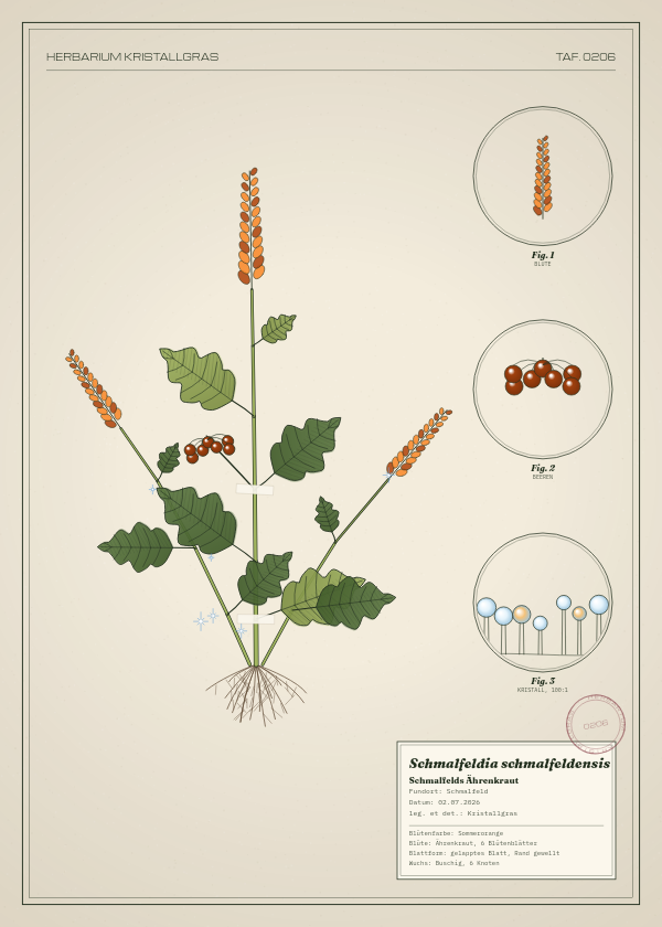 Botanische Tafel: Schmalfeldia schmalfeldensis, eine erfundene Pflanze aus Schmalfeld, gezeichnet wie in einem alten Pflanzenatlas