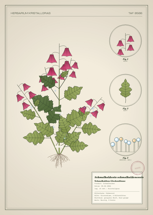Botanische Tafel: Schmalkaldenia schmalkaldenensis, eine erfundene Pflanze aus Schmalkalden, gezeichnet wie in einem alten Pflanzenatlas