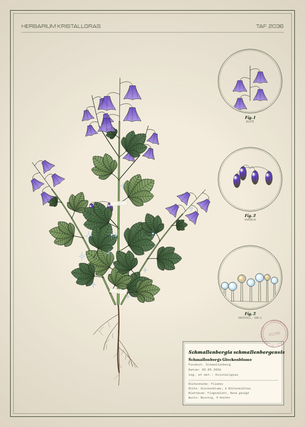 Botanische Tafel: Schmallenbergia schmallenbergensis, eine erfundene Pflanze aus Schmallenberg, gezeichnet wie in einem alten Pflanzenatlas