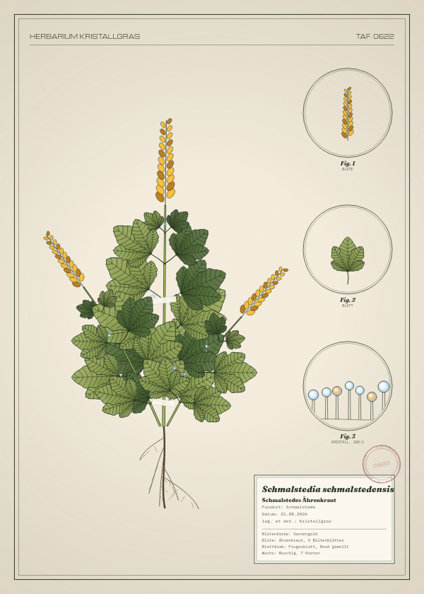 Botanische Tafel: Schmalstedia schmalstedensis, eine erfundene Pflanze aus Schmalstede, gezeichnet wie in einem alten Pflanzenatlas