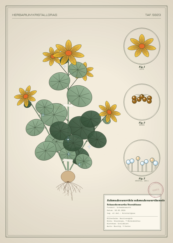 Botanische Tafel: Schmedeswurthia schmedeswurthensis, eine erfundene Pflanze aus Schmedeswurth, gezeichnet wie in einem alten Pflanzenatlas