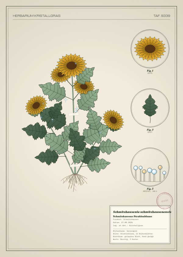 Botanische Tafel: Schmitshausenia schmitshausenensis, eine erfundene Pflanze aus Schmitshausen, gezeichnet wie in einem alten Pflanzenatlas