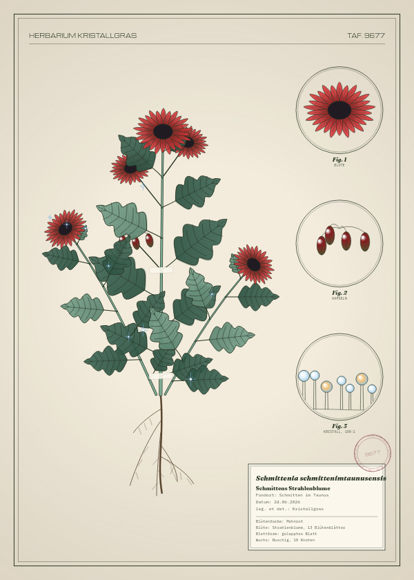 Botanische Tafel: Schmittenia schmittenimtaunusensis, eine erfundene Pflanze aus Schmitten im Taunus, gezeichnet wie in einem alten Pflanzenatlas