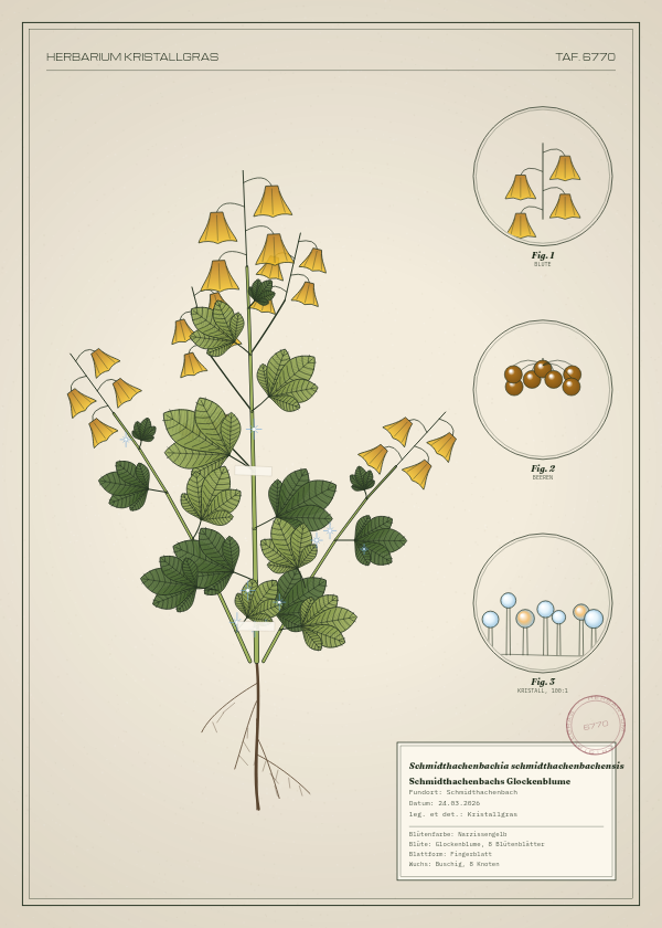 Botanische Tafel: Schmidthachenbachia schmidthachenbachensis, eine erfundene Pflanze aus Schmidthachenbach, gezeichnet wie in einem alten Pflanzenatlas