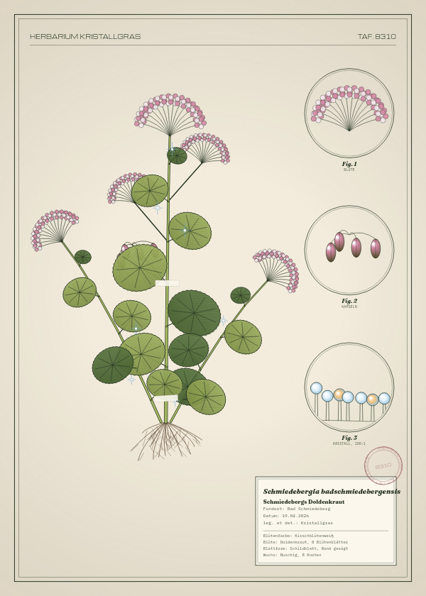 Botanische Tafel: Schmiedebergia badschmiedebergensis, eine erfundene Pflanze aus Bad Schmiedeberg, gezeichnet wie in einem alten Pflanzenatlas