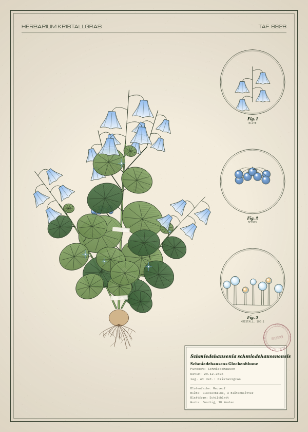 Botanische Tafel: Schmiedehausenia schmiedehausenensis, eine erfundene Pflanze aus Schmiedehausen, gezeichnet wie in einem alten Pflanzenatlas