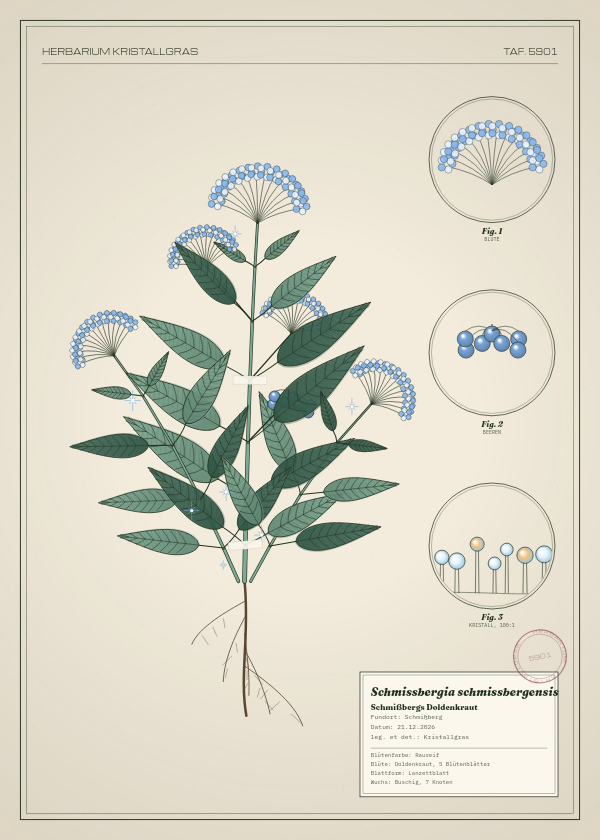Botanische Tafel: Schmissbergia schmissbergensis, eine erfundene Pflanze aus Schmißberg, gezeichnet wie in einem alten Pflanzenatlas
