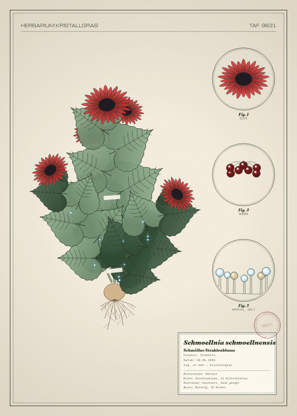Botanische Tafel: Schmoellnia schmoellnensis, eine erfundene Pflanze aus Schmölln, gezeichnet wie in einem alten Pflanzenatlas