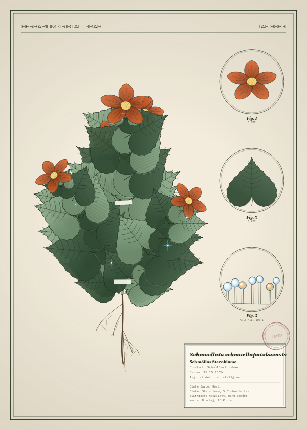 Botanische Tafel: Schmoellnia schmoellnputzkaensis, eine erfundene Pflanze aus Schmölln-Putzkau, gezeichnet wie in einem alten Pflanzenatlas