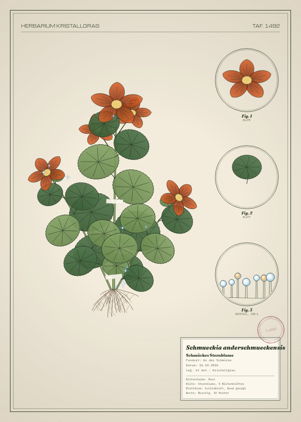 Botanische Tafel: Schmueckia anderschmueckensis, eine erfundene Pflanze aus An der Schmücke, gezeichnet wie in einem alten Pflanzenatlas