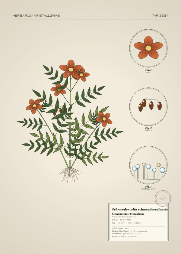 Botanische Tafel: Schnaudertalia schnaudertalensis, eine erfundene Pflanze aus Schnaudertal, gezeichnet wie in einem alten Pflanzenatlas
