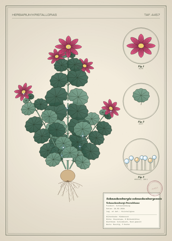 Botanische Tafel: Schnackenburgia schnackenburgensis, eine erfundene Pflanze aus Schnackenburg, gezeichnet wie in einem alten Pflanzenatlas