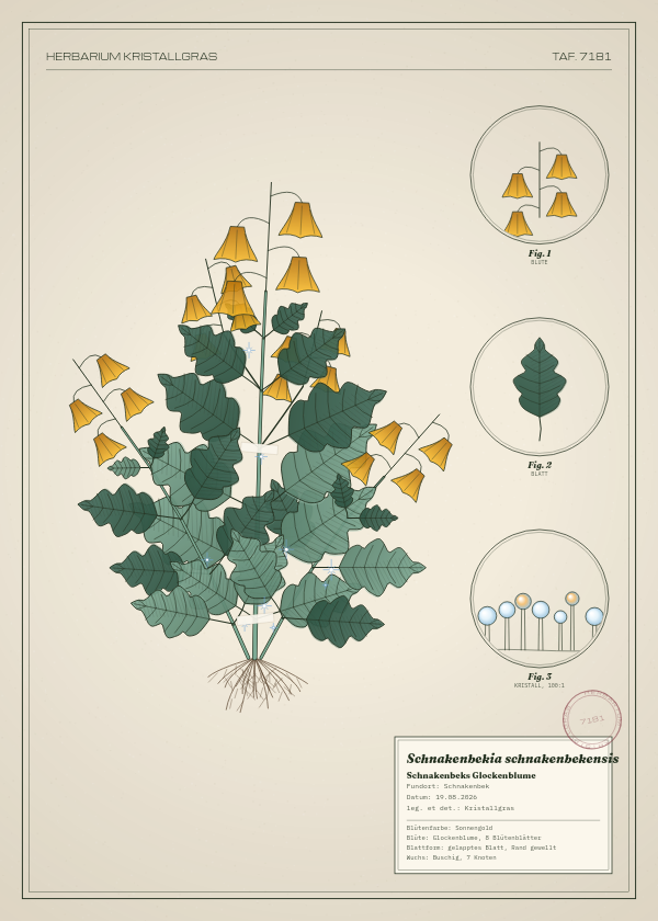 Botanische Tafel: Schnakenbekia schnakenbekensis, eine erfundene Pflanze aus Schnakenbek, gezeichnet wie in einem alten Pflanzenatlas