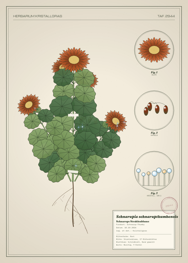 Botanische Tafel: Schnarupia schnarupthumbensis, eine erfundene Pflanze aus Schnarup-Thumby, gezeichnet wie in einem alten Pflanzenatlas