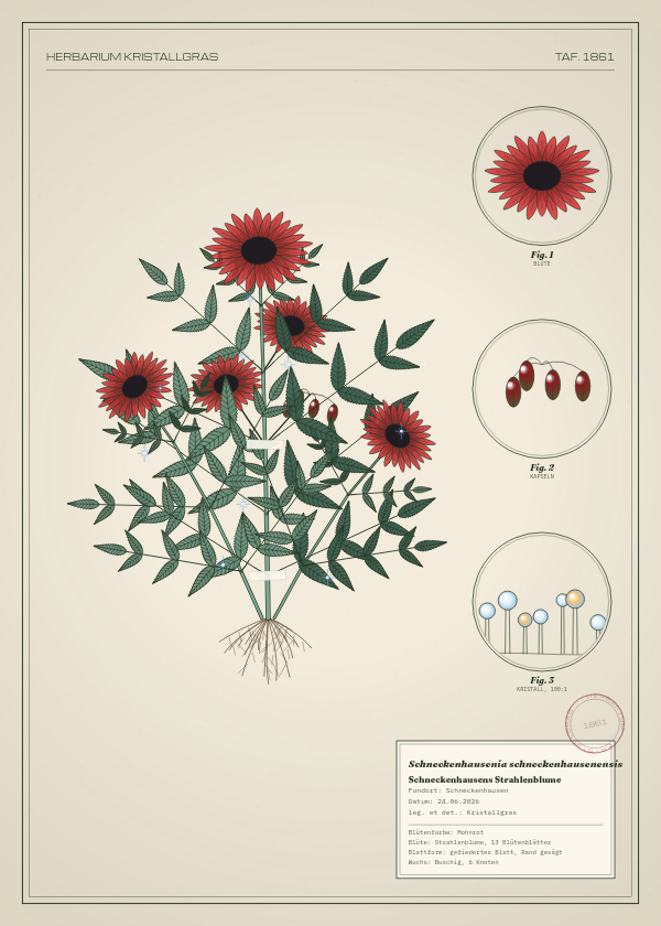 Botanische Tafel: Schneckenhausenia schneckenhausenensis, eine erfundene Pflanze aus Schneckenhausen, gezeichnet wie in einem alten Pflanzenatlas