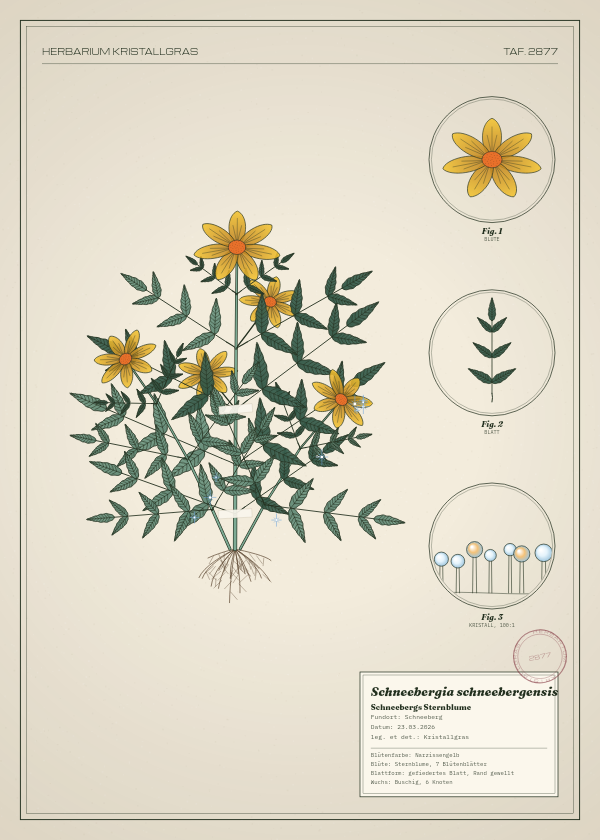 Botanische Tafel: Schneebergia schneebergensis, eine erfundene Pflanze aus Schneeberg, gezeichnet wie in einem alten Pflanzenatlas
